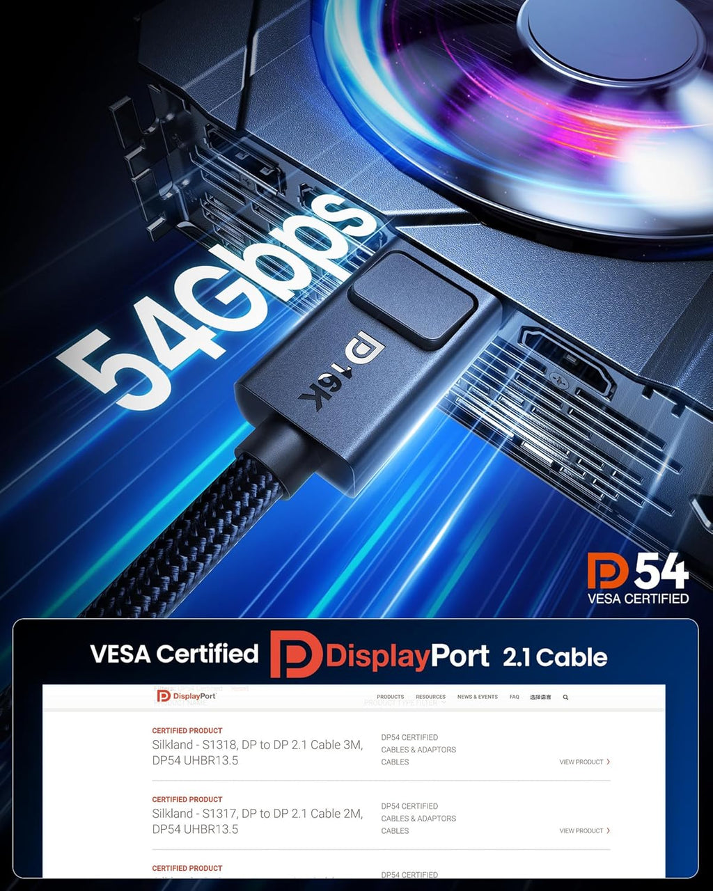 54Gbps DisplayPort Cable 2.1 [VESA Certified]